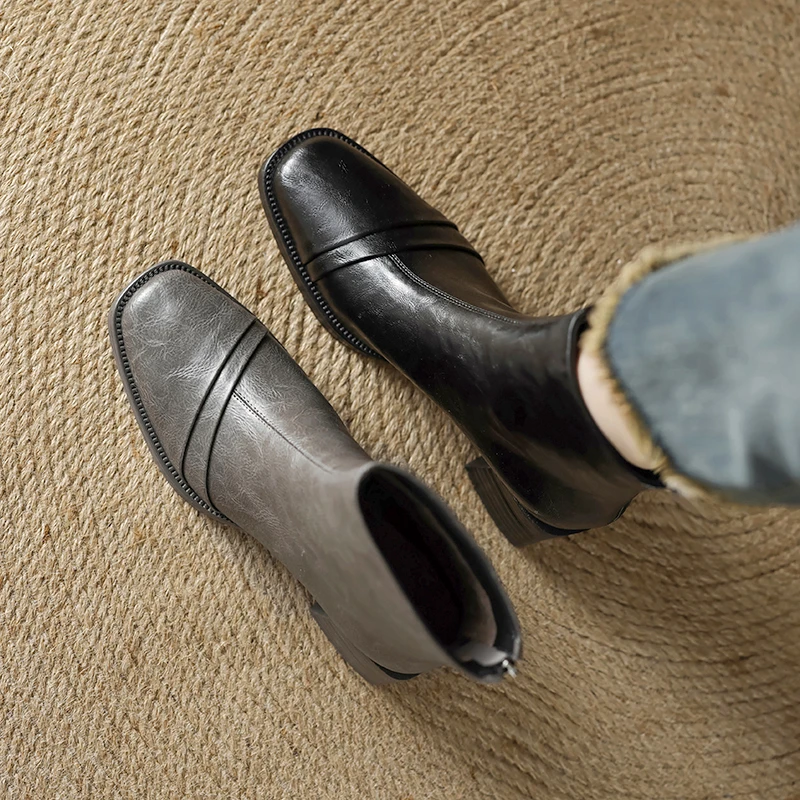 黑 34-41 灰 34 38-41短靴女2024秋冬复古方头中跟时装瘦瘦靴397