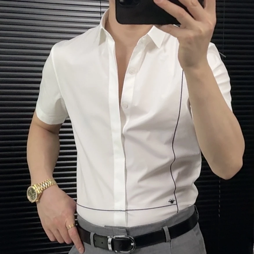 男士竖条纹刺绣短袖衬衫薄款修身商务休闲潮流百搭上衣衬衣白色