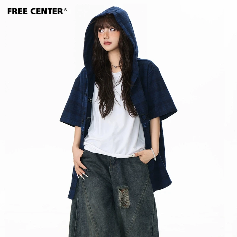 Free Center330g美式复古格子连帽衬衫男女同款刺绣宽松外套夏季