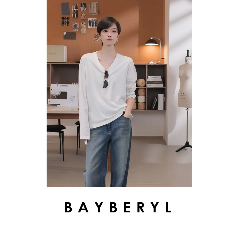 CC09-BAYBERYL老贝V领灵地思*丝羊毛百搭舒适25秋长袖T恤NT5H1311