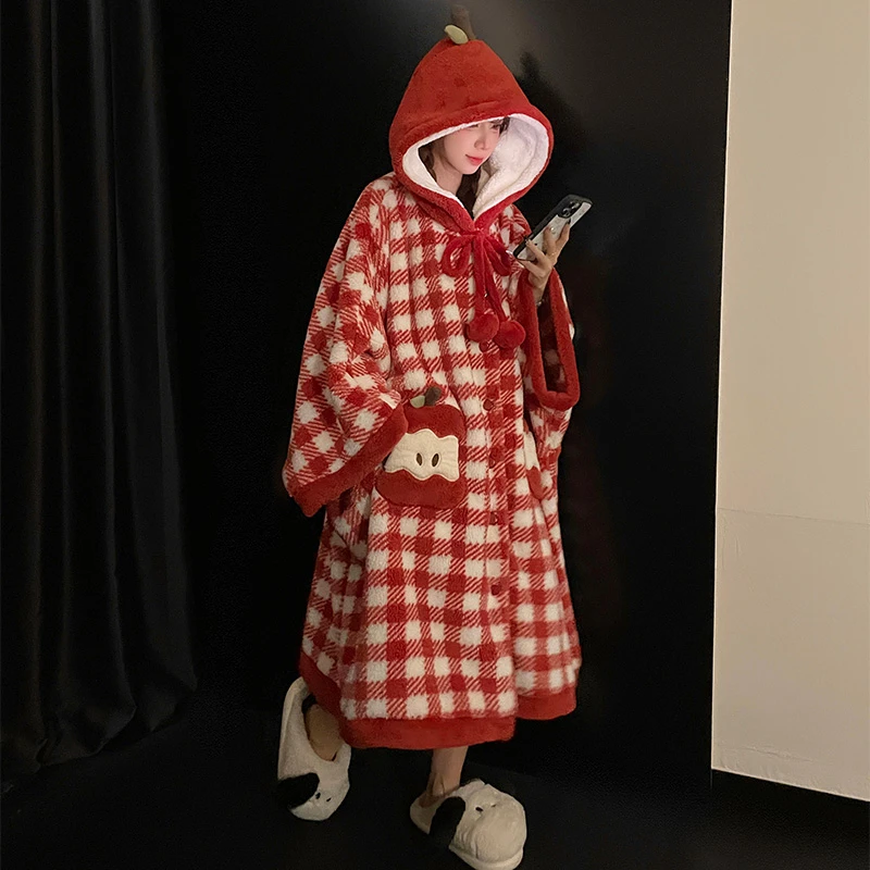 甜美小苹果天鹅绒睡袍女秋冬季加厚保暖长款浴袍法兰绒睡衣家居服