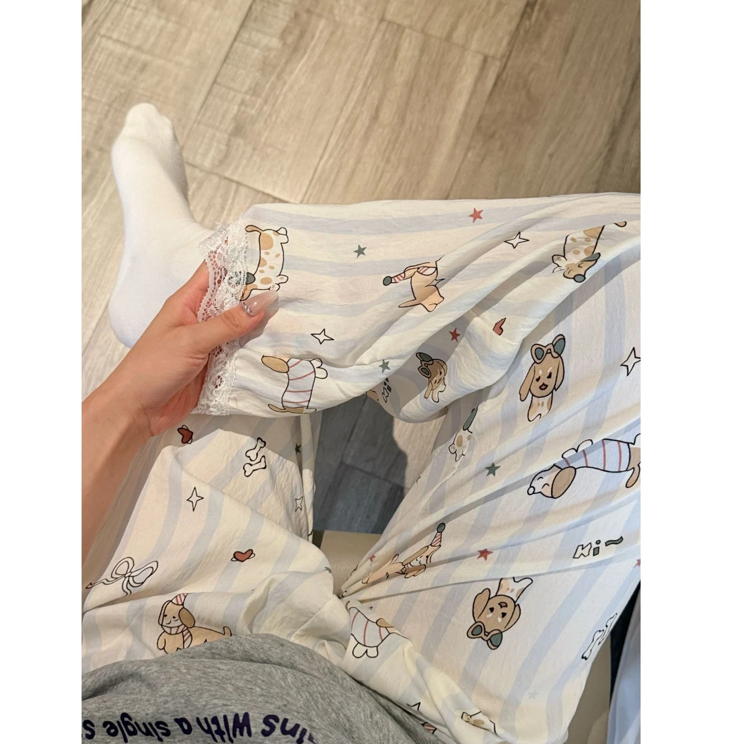 春夏季新款卡通宽松睡裤女透气舒适棉感蕾丝花边长裤家居裤可外穿