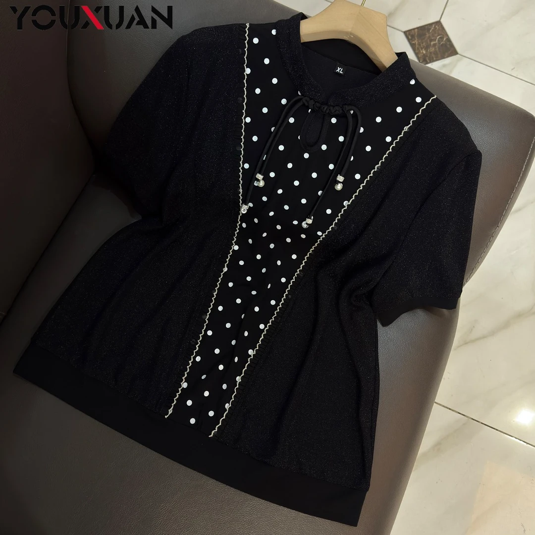 夏季新品女士短袖休闲T恤上衣女装时尚洋气波点拼接气质小衫63649