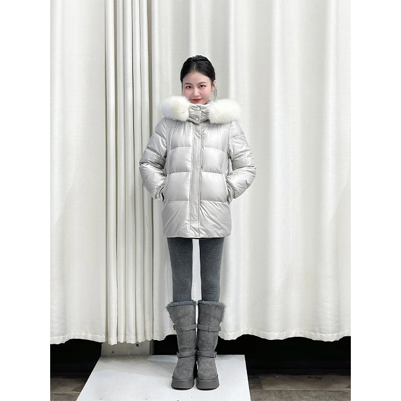 【费尔岛屿】小娜椒小个子冬季时髦感灰色大毛领可拆卸帽羽绒服女