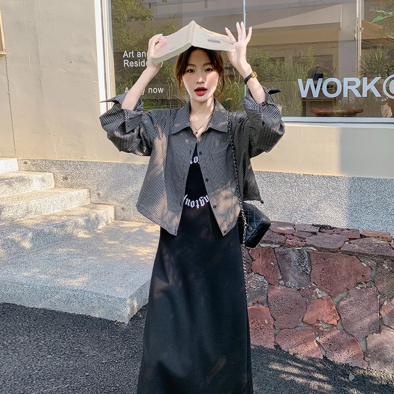 松弛感条纹衬衫外套背心连衣裙套装女2025秋季新款韩系休闲两件套