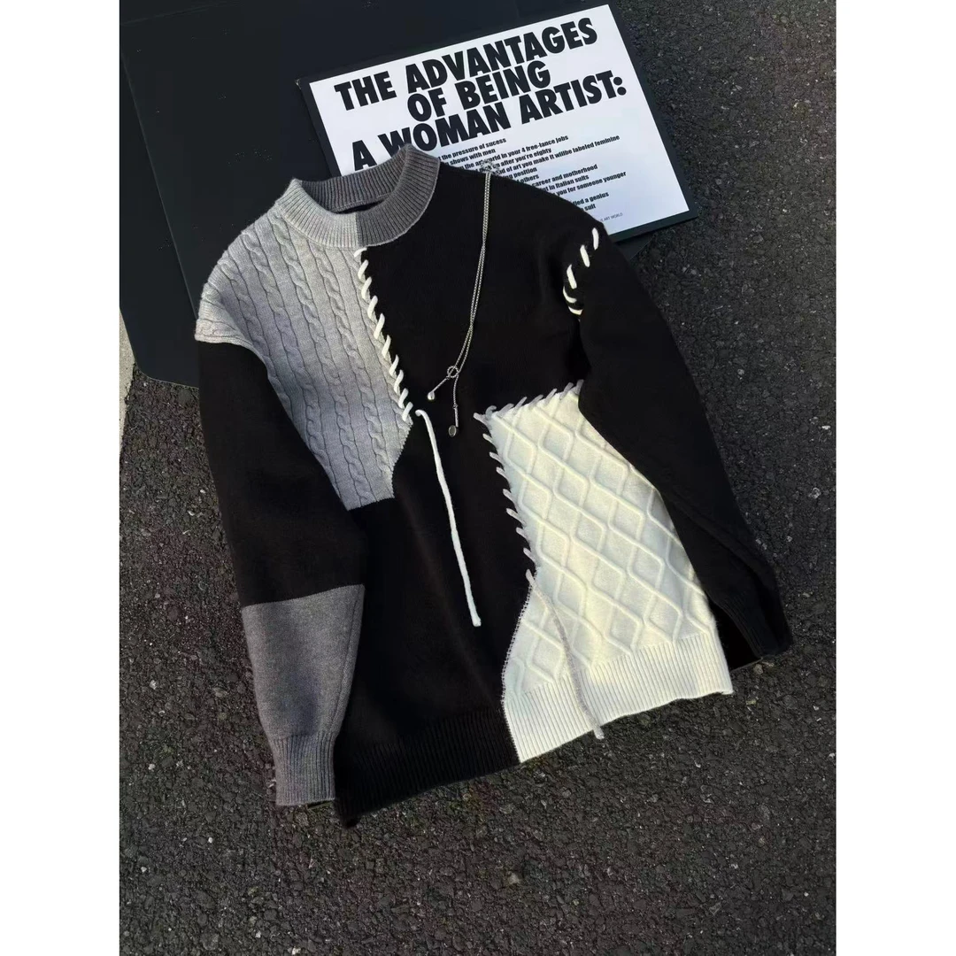 美式撞色拼接圆领毛衣男款秋冬季高级感痞帅小众设计感针织打底衫