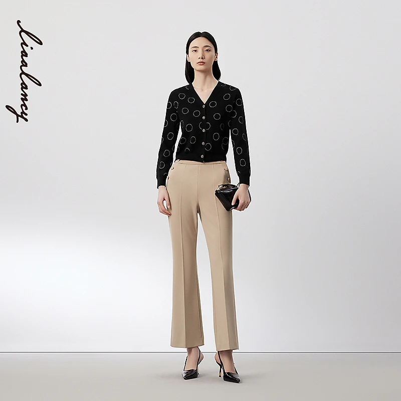LANCY/朗姿2024秋季新款时尚摩登v领波点针织开衫女绵羊毛上衣