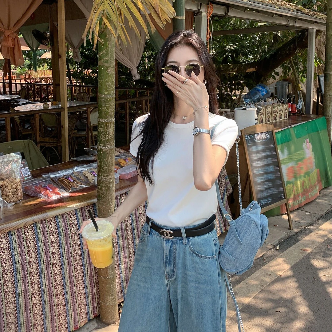 白色小圆领短袖t恤女休闲纯色基础款内搭打底衫百搭正肩上衣韩版t