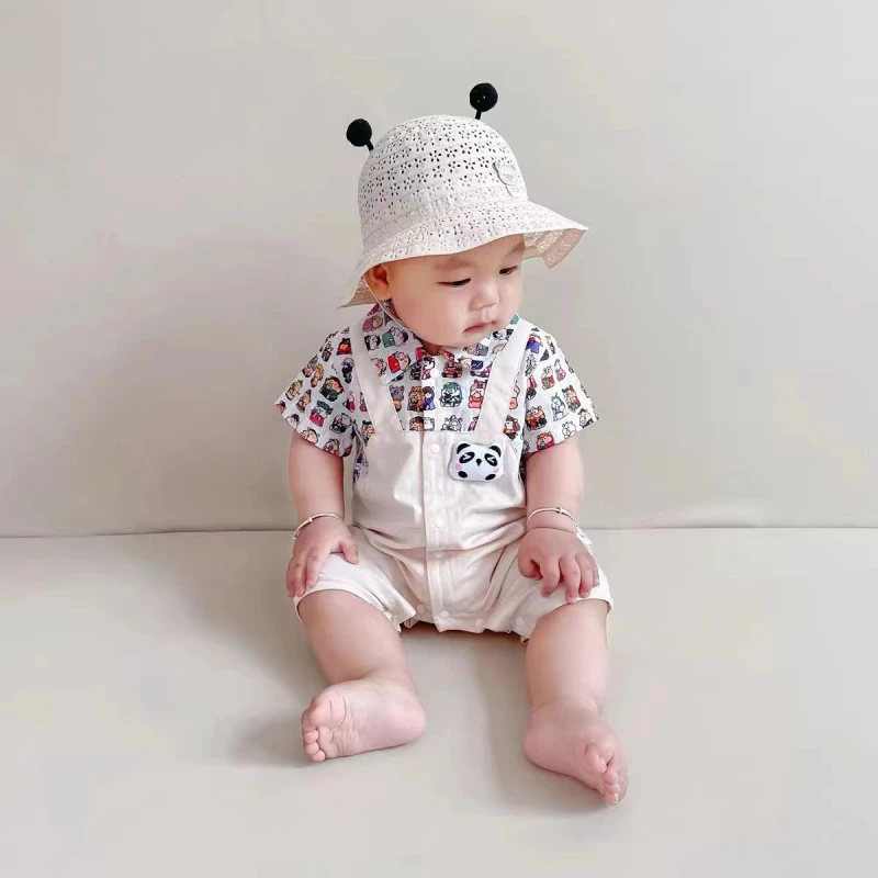 【严】新款宝宝韩版卡通可爱立体熊猫假两件夏季薄款半袖连体爬服