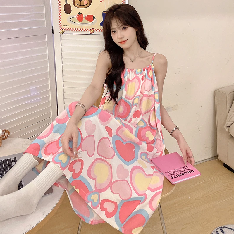 夏季新款爆款宽松舒适休闲居家爱心印花甜美风吊带睡裙家居睡衣服