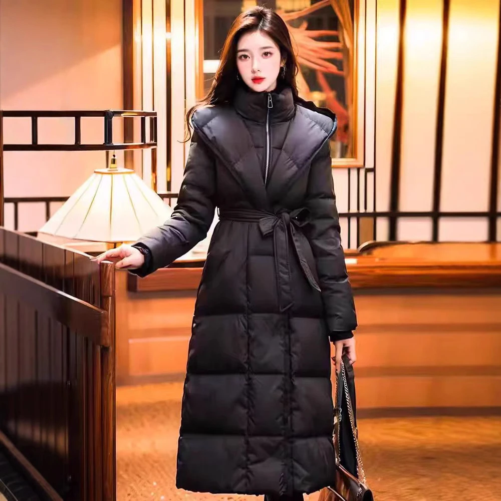 高端白鸭绒羽绒服女2025冬季新款中长款过膝腰带修身新手加厚外套