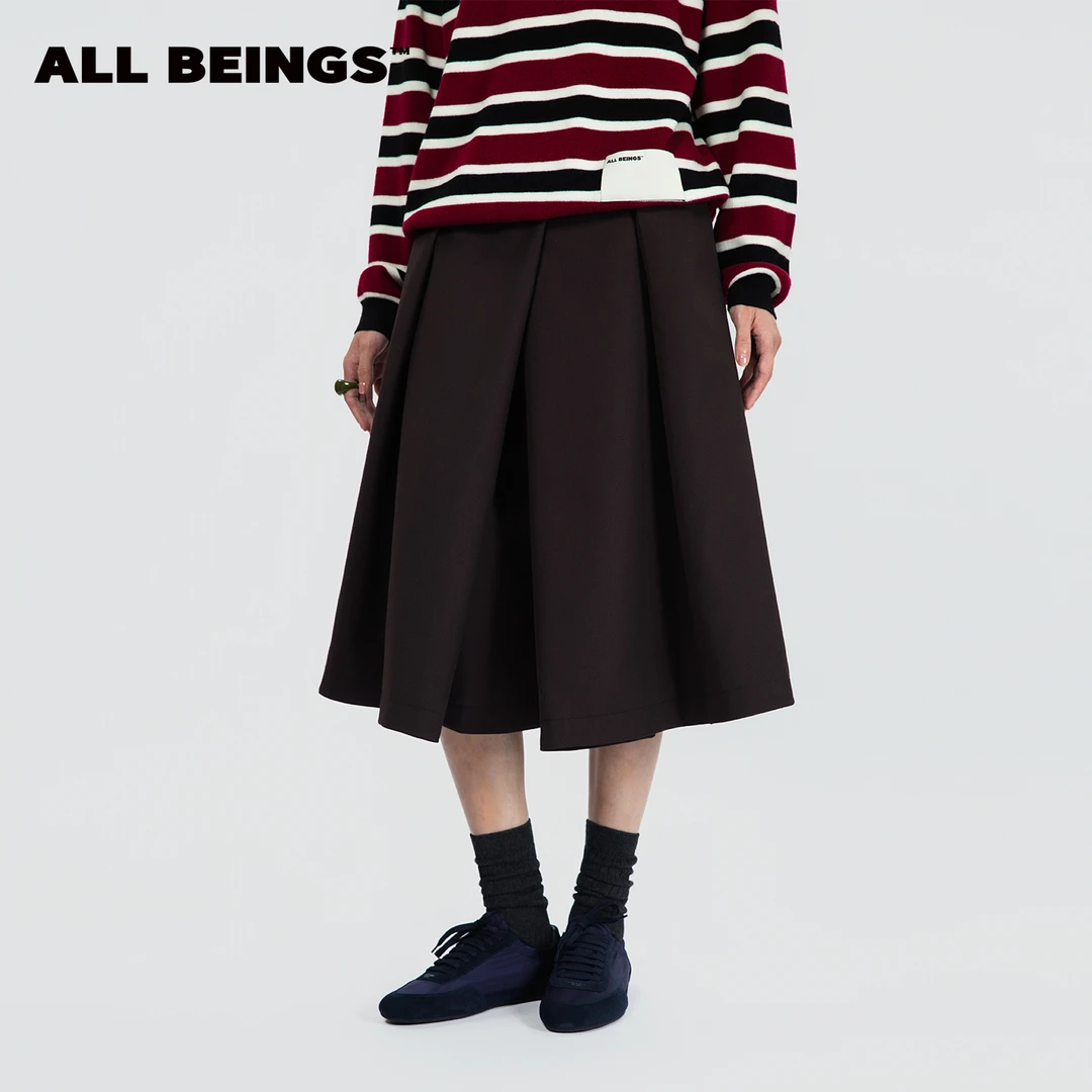 ALL BEINGS25年秋冬设计师新款休闲百搭深巧克力色羊毛A摆裙裤