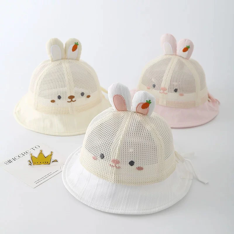 婴儿遮阳帽夏季可爱小兔子透气女童渔夫帽小月龄宝宝防晒网眼盆帽