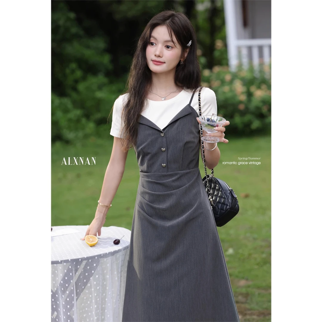 鹿向南「米兰之都」夏季新款假两件拼接女连衣裙女高腰显瘦长裙子