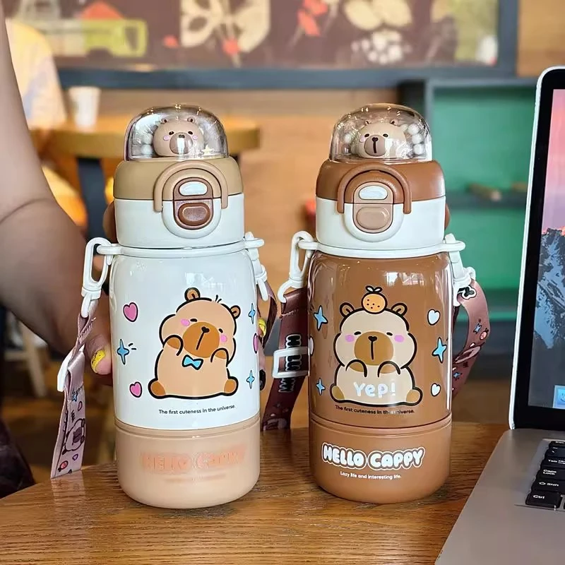奇怡卡皮巴拉儿童保温杯女孩2025新款高颜值学生用双饮吸管水杯子