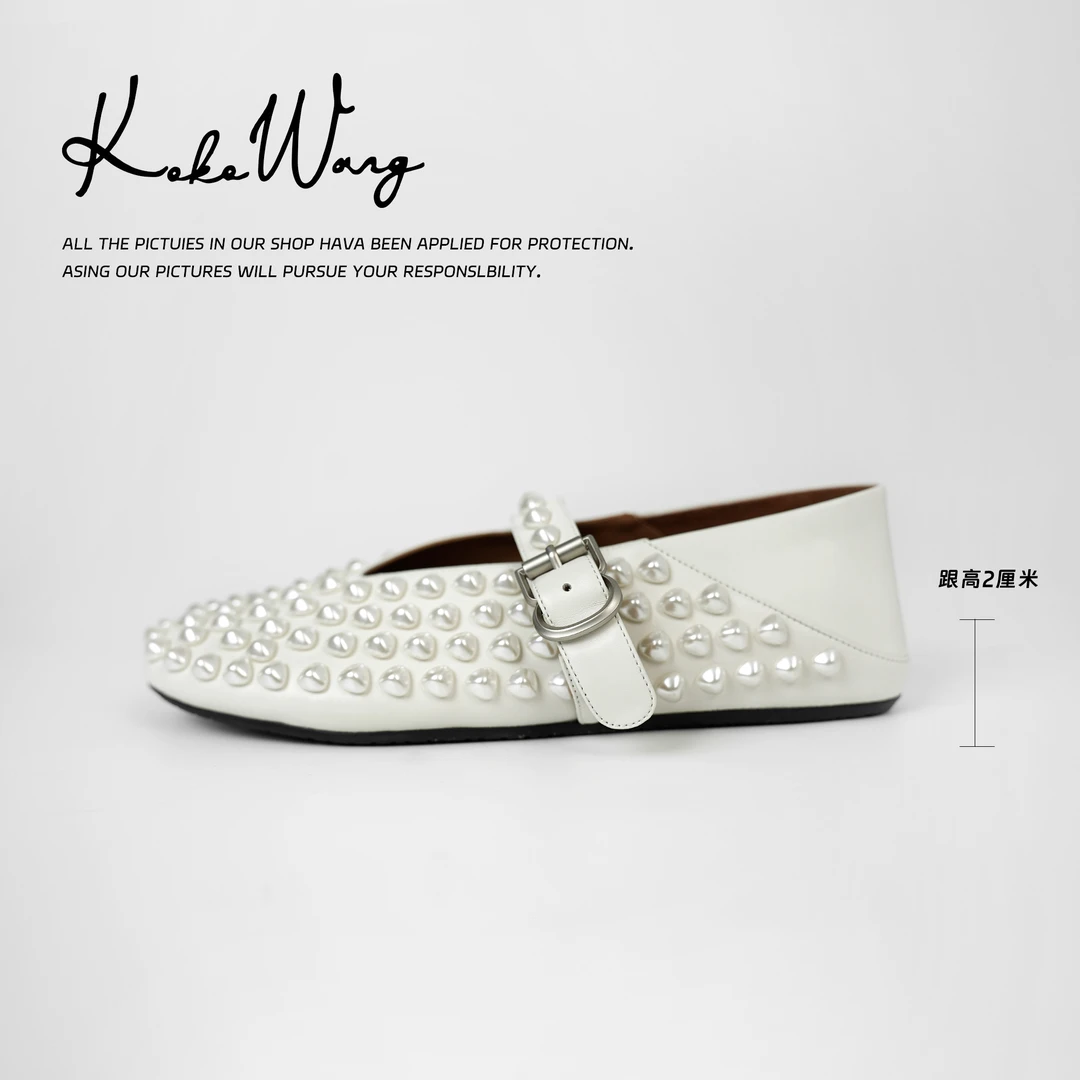 KOKOWANG早春羊皮钉珠一脚蹬玛丽珍平底舒适百搭单鞋540334L10X10