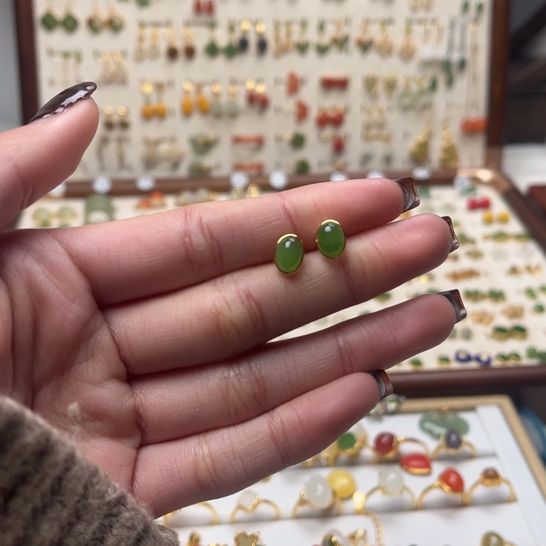 和田玉银S925镀金镶嵌耳坠