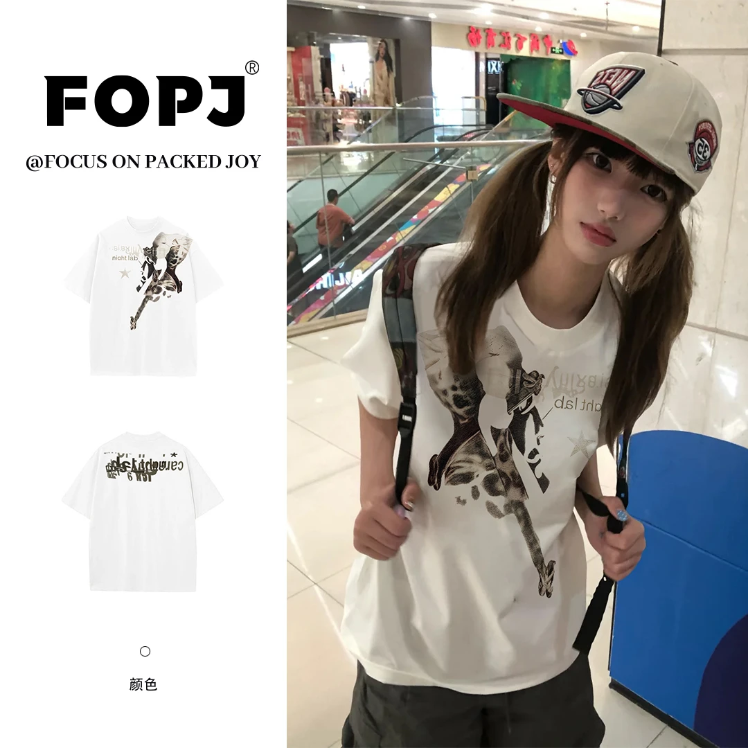 FOPJ国潮夏季纯棉短袖女宽松显瘦设计感印花休闲百搭学院风上衣服