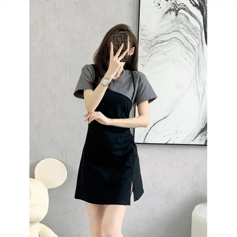 设计感拼接假两件短袖T恤连衣裙女夏季高级感收腰