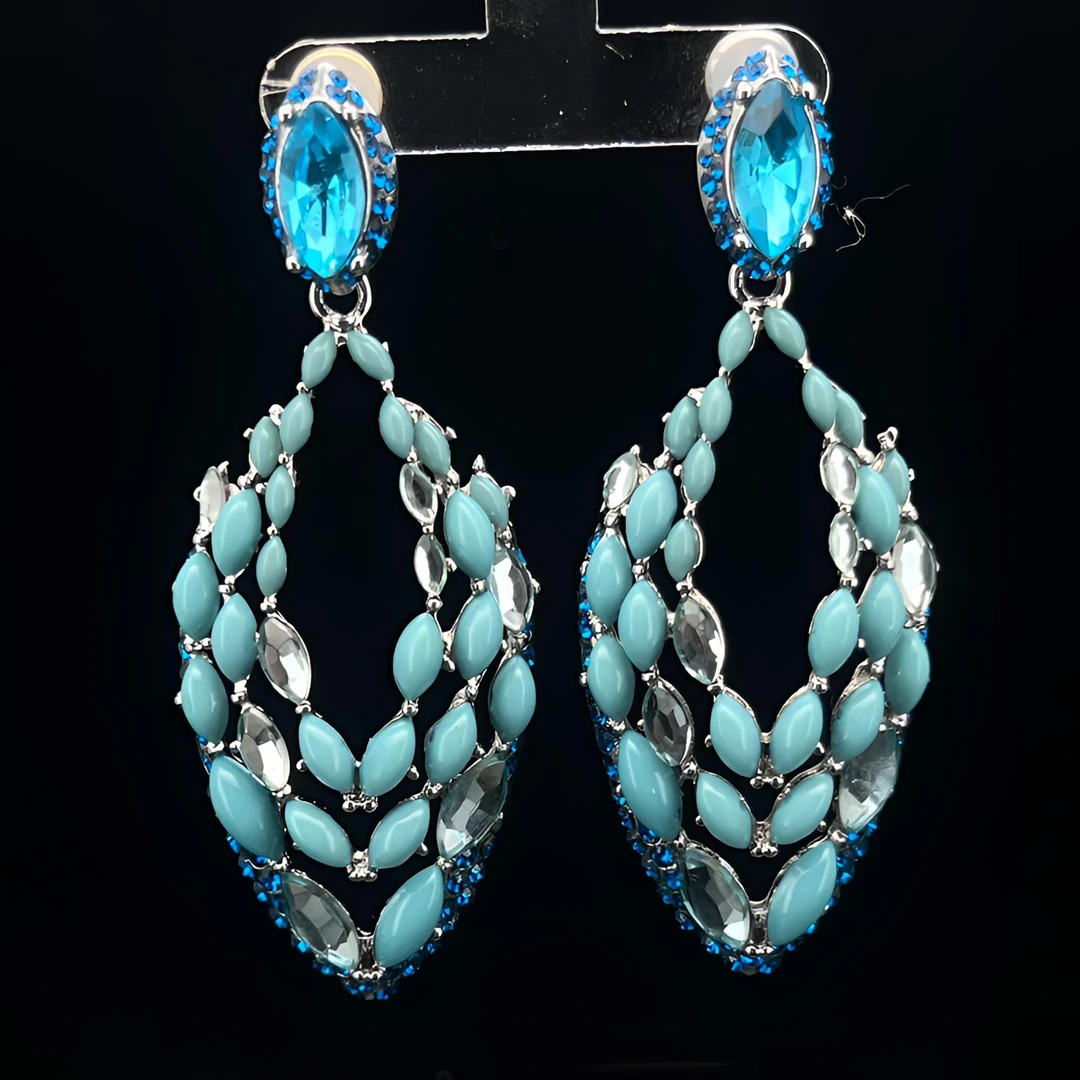 铜合金锆石耳饰 中古铜合金蓝色手工欧美镶钻耳饰长款耳环大气