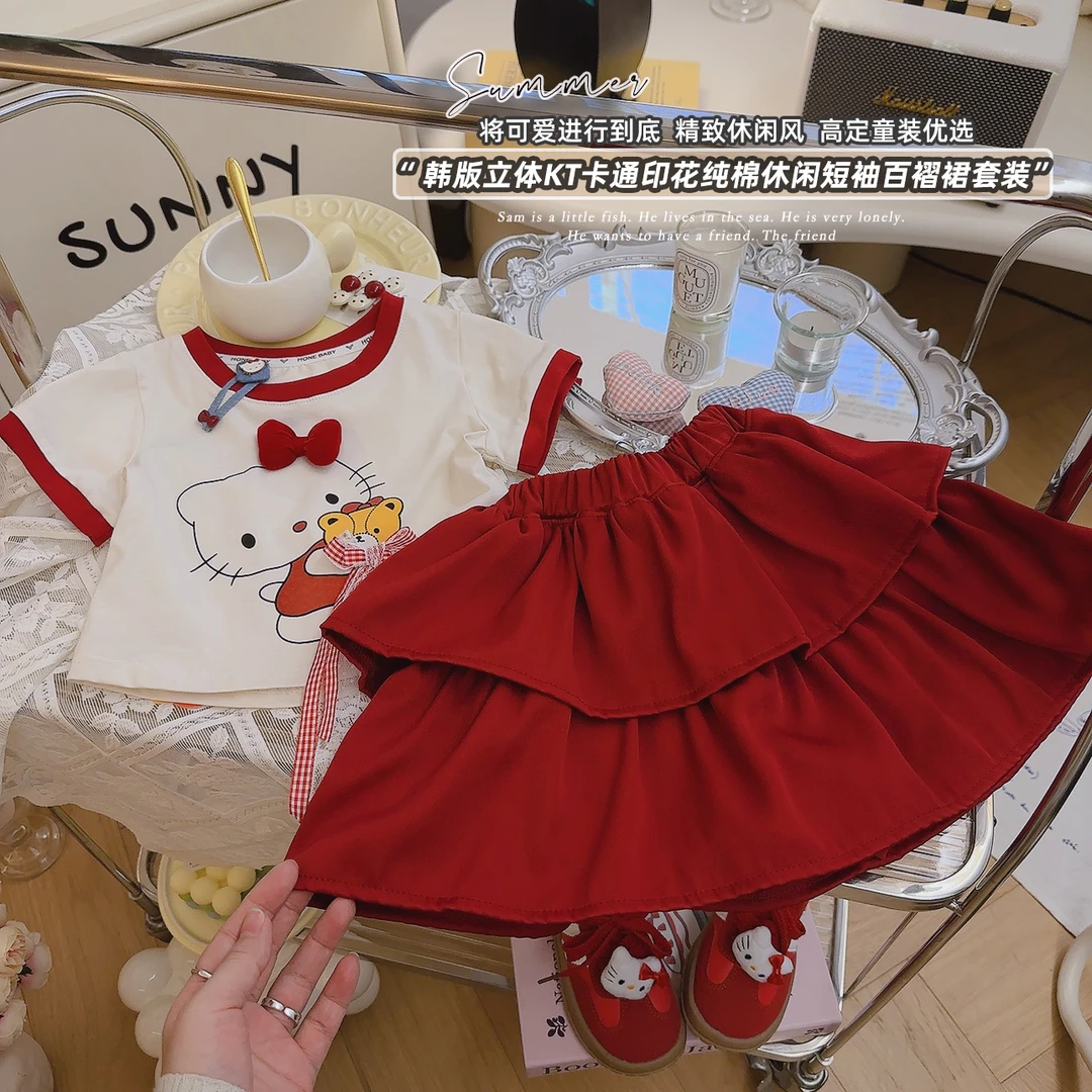 韩系夏季女童哈喽Kitty可爱洋气蛋糕裙套装