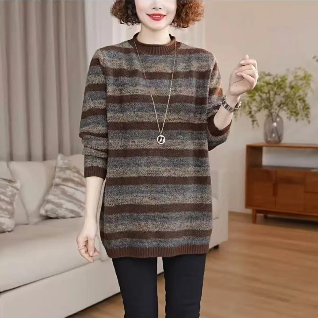 2026秋冬新款时尚洋气休闲高级气质拼色条纹中长款针织衫妈妈毛衣