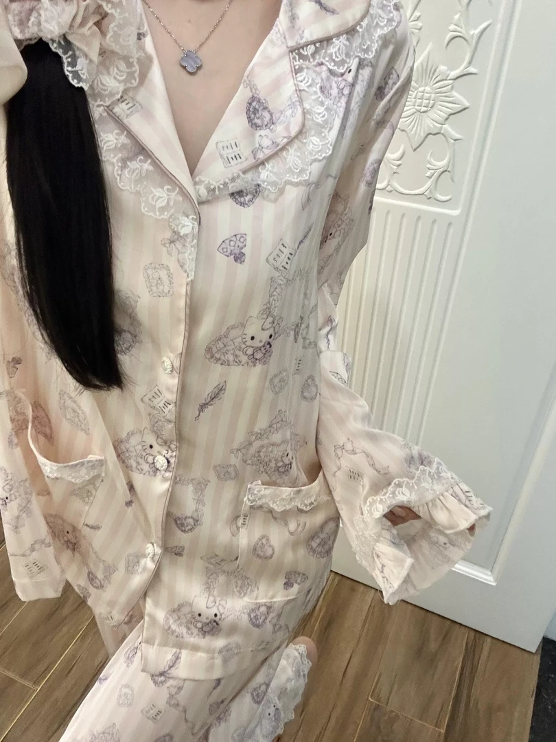纯欲蕾丝花边hellokitty可爱风睡衣女秋冬开衫长袖长裤家居服套装
