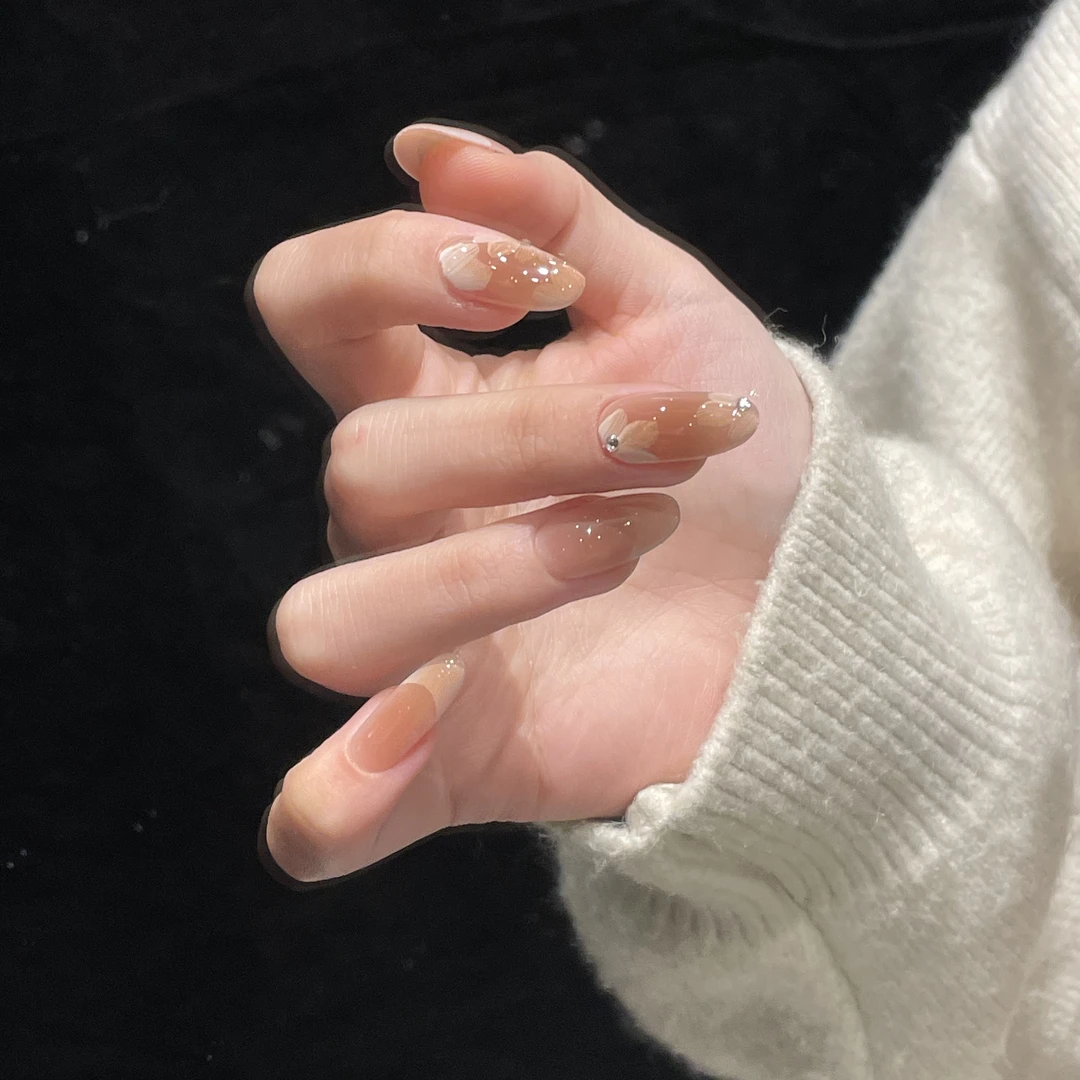 【手绘花】手工穿戴甲2024冬季新款长甲手绘法式小花裸色可拆卸甲片