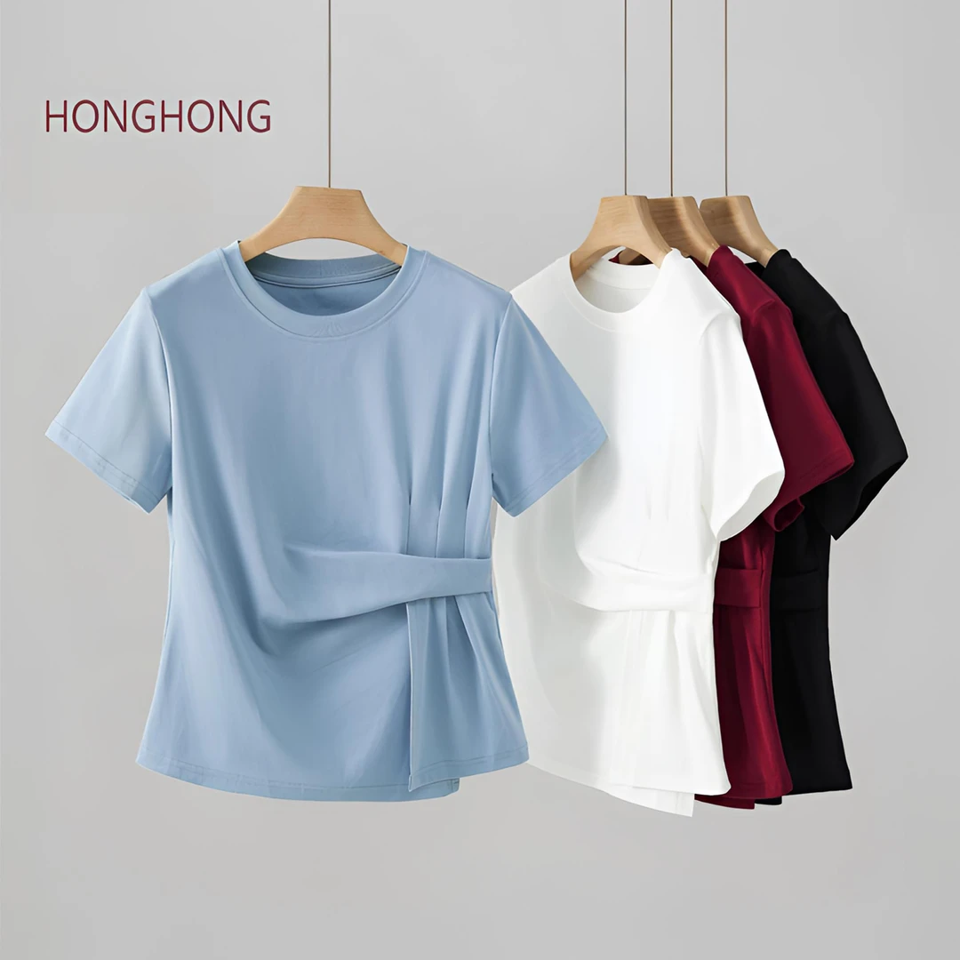 法式减龄圆领正肩短袖T恤女夏季修身显瘦设计感褶皱气质上衣2522