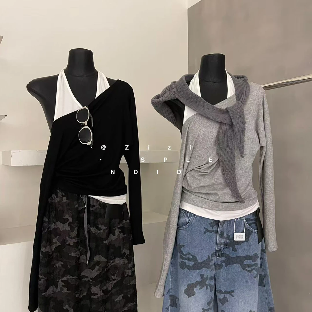 zizi@18289 韩系简约挂脖一字肩假两件上衣 8-24