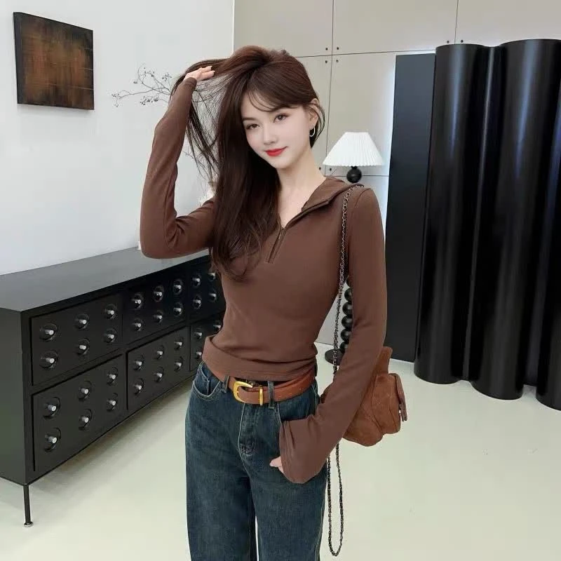 秋冬新款百搭半拉链连帽长袖T修身打底显瘦休闲通勤内搭上衣女