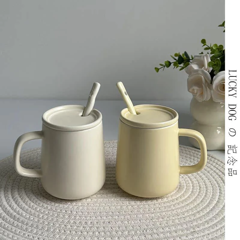 简约高颜值马克杯办公咖啡杯家用早餐杯陶瓷喝水杯子带盖子勺牛奶