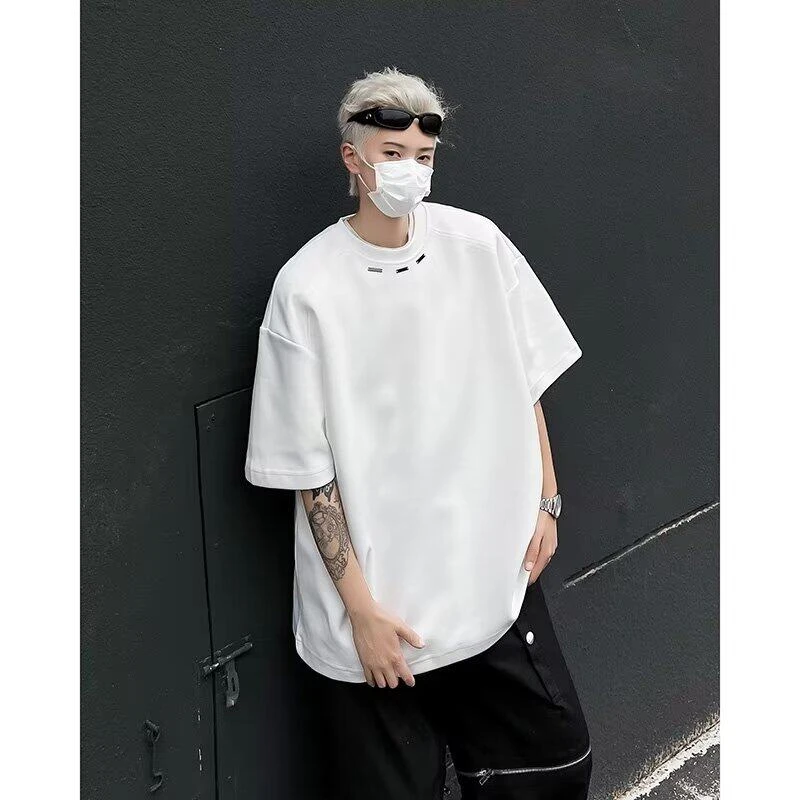 300g重磅美式小领口t恤男金属扣解构潮牌短袖小众设计高级感半袖