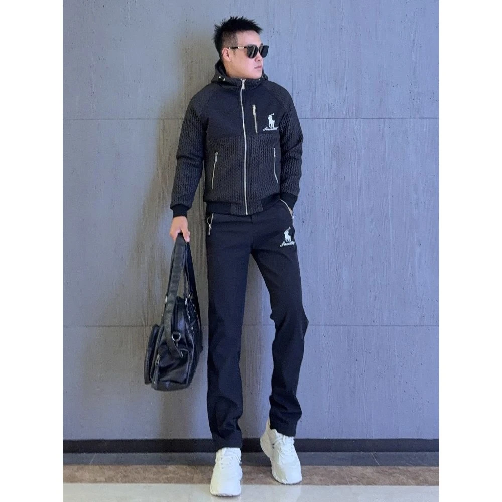 【品牌正品撤柜】冬季新款潮牌刺绣加绒套装男时尚设计感拼接连帽外