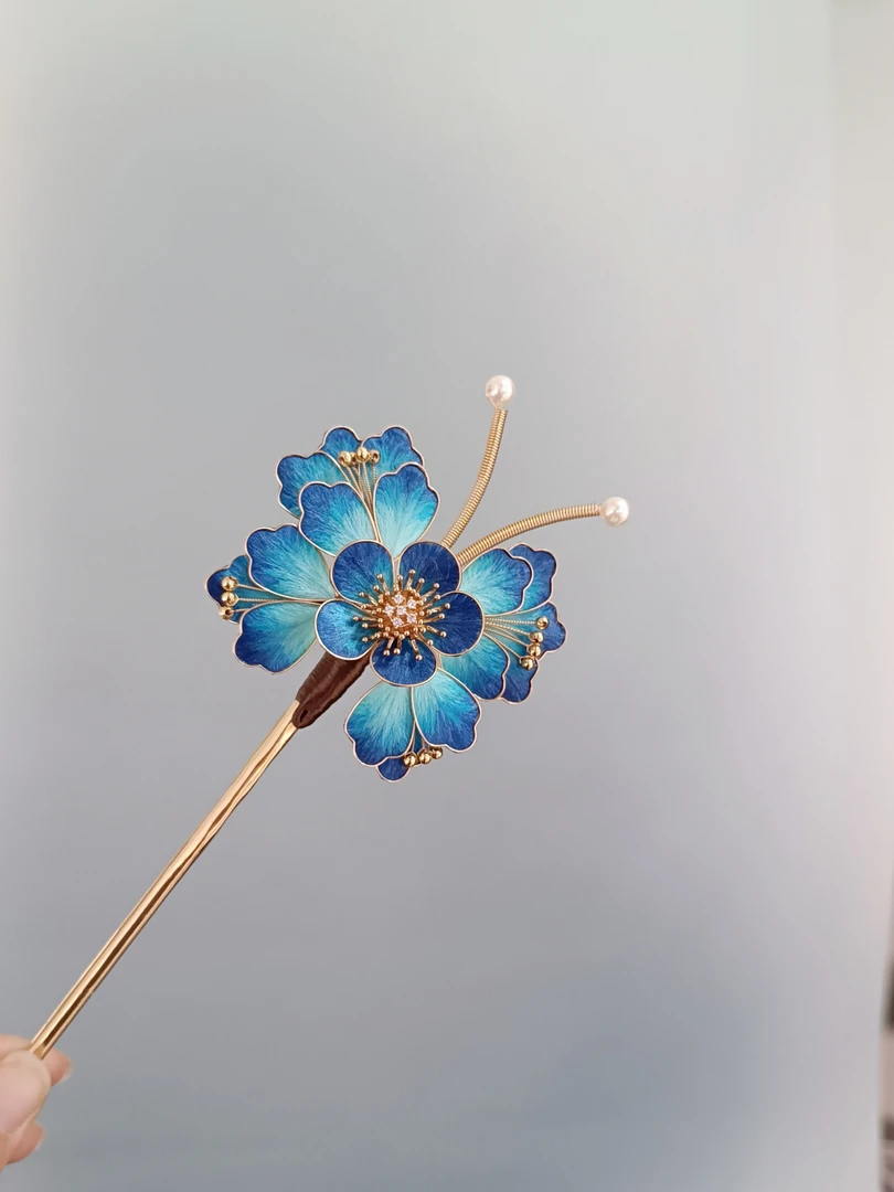 千里江山色蝴蝶掐丝非遗绒花蚕丝线汉服旗袍新中式送礼簪子复古