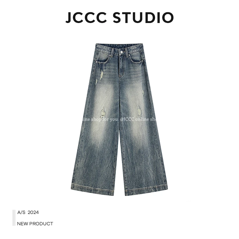 JCCC影子 蓝色设计感高腰宽松直筒破洞牛仔裤JE4BNK10