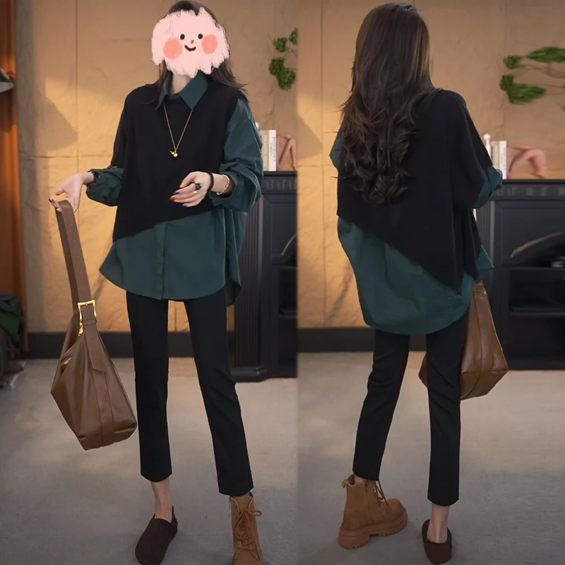 韩系早秋薄款长袖衬衫女2025新款爆款无袖针织马甲宽松衬衣两件套