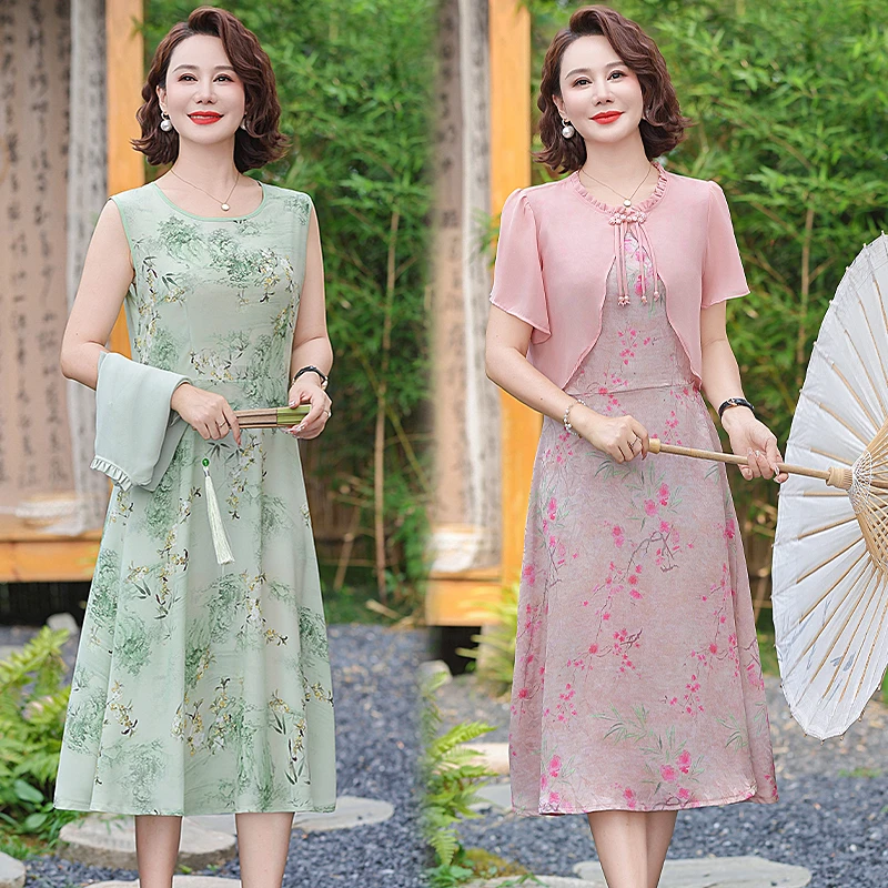 新中式国风妈妈夏装连衣裙2025新款气质中老年夏季两件套装裙子女