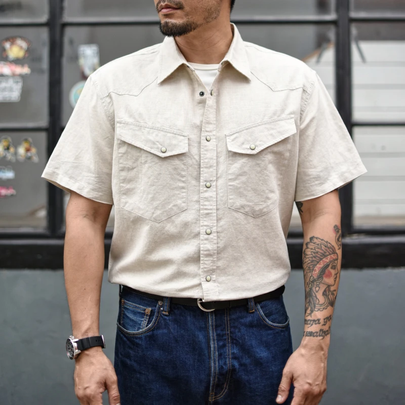 沾酱 棉麻短袖工装衬衫男 亚麻夏季纯色休闲复古衬衣 咔叽潮