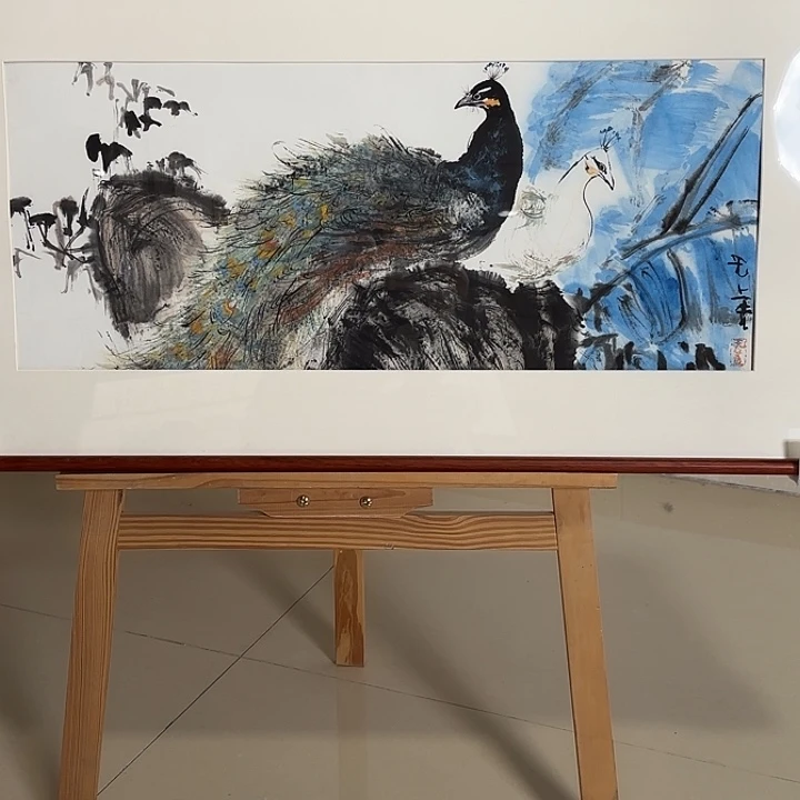 绘画手绘原作孔雀47x95带框
