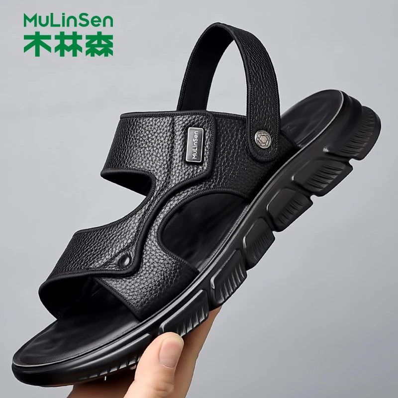 木林森新款夏季男士沙滩鞋头层牛皮透气柔软底防滑户外凉拖鞋真皮