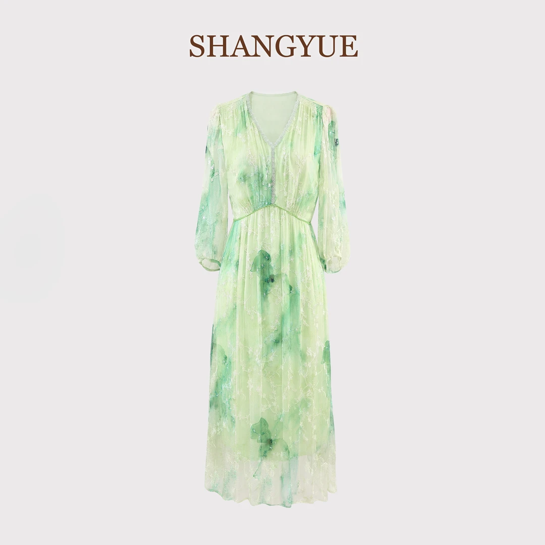 “裳玥丝绸”100%桑蚕丝刺绣绿色晕染印花V领6A真丝女装连衣裙H206