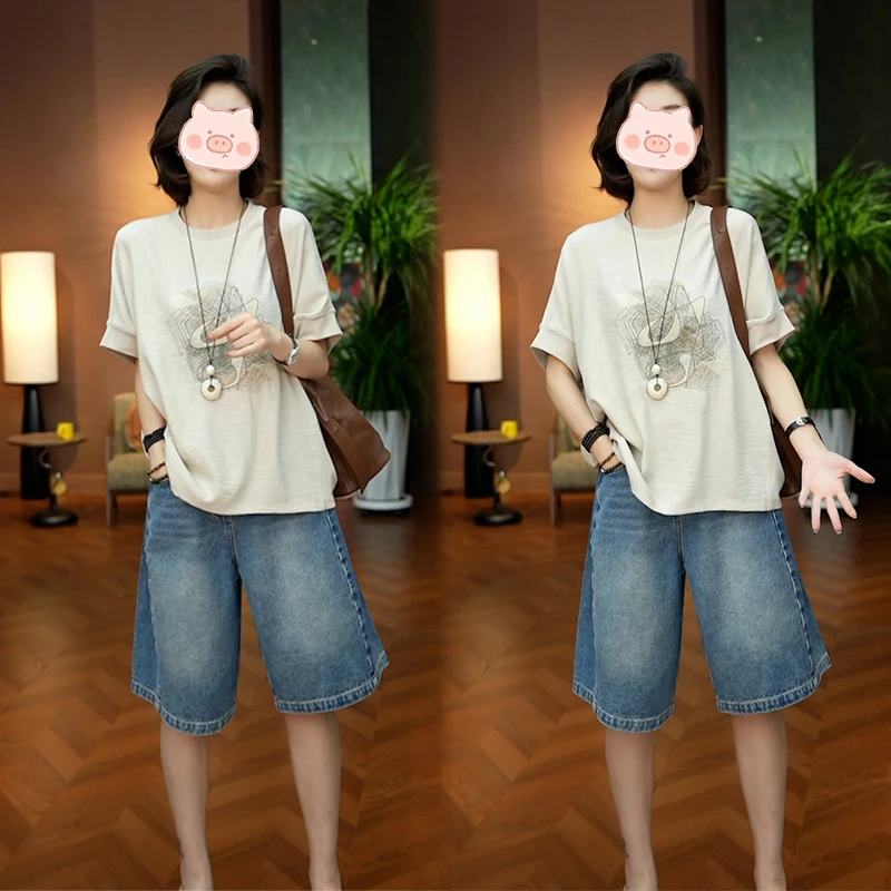 夏季减龄一整套穿搭2025新款印花上衣短袖搭配宽松短裤两件套装