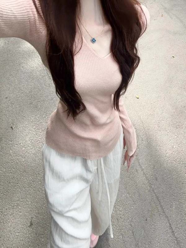 修身针织打底衫女秋冬季2025新款粉色套头毛衣高级感内搭长袖上衣