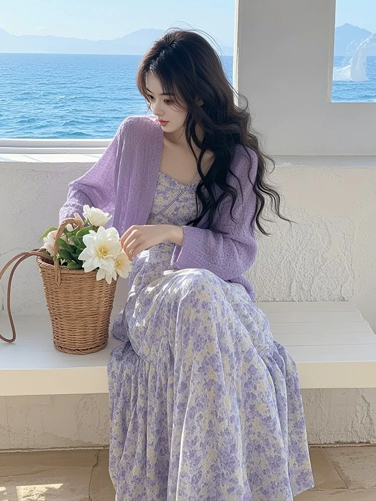 2025春季新款韩系穿搭高级感紫色针织开衫碎花连衣裙显瘦两件套女