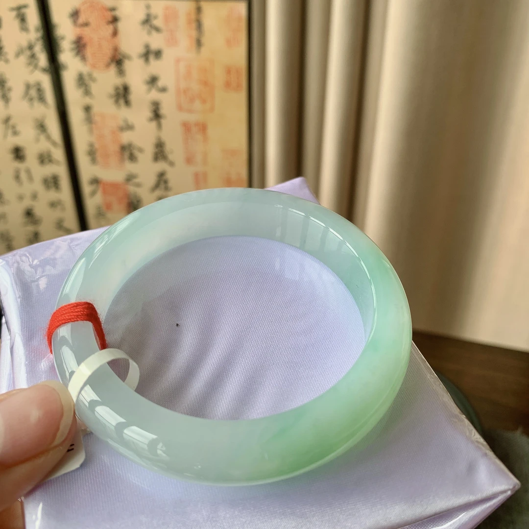 缅甸天然A货翡翠53-54圈口糯冰半山水起胶薄荷曼波正圈手镯0113