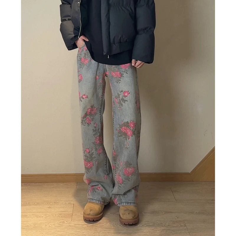 48小时发货！个性设计满印玫瑰花朵牛仔裤男款秋季美式复古微喇裤