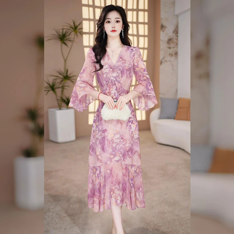 【千羽定制】时尚气质印花连衣裙2025年夏装修身显瘦荷叶边鱼尾裙子