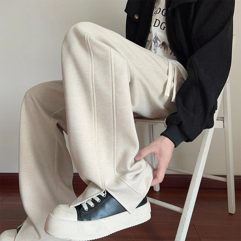 裤子男2025秋季新款人字纹开叉设计感直筒裤宽松潮流百搭休闲长裤