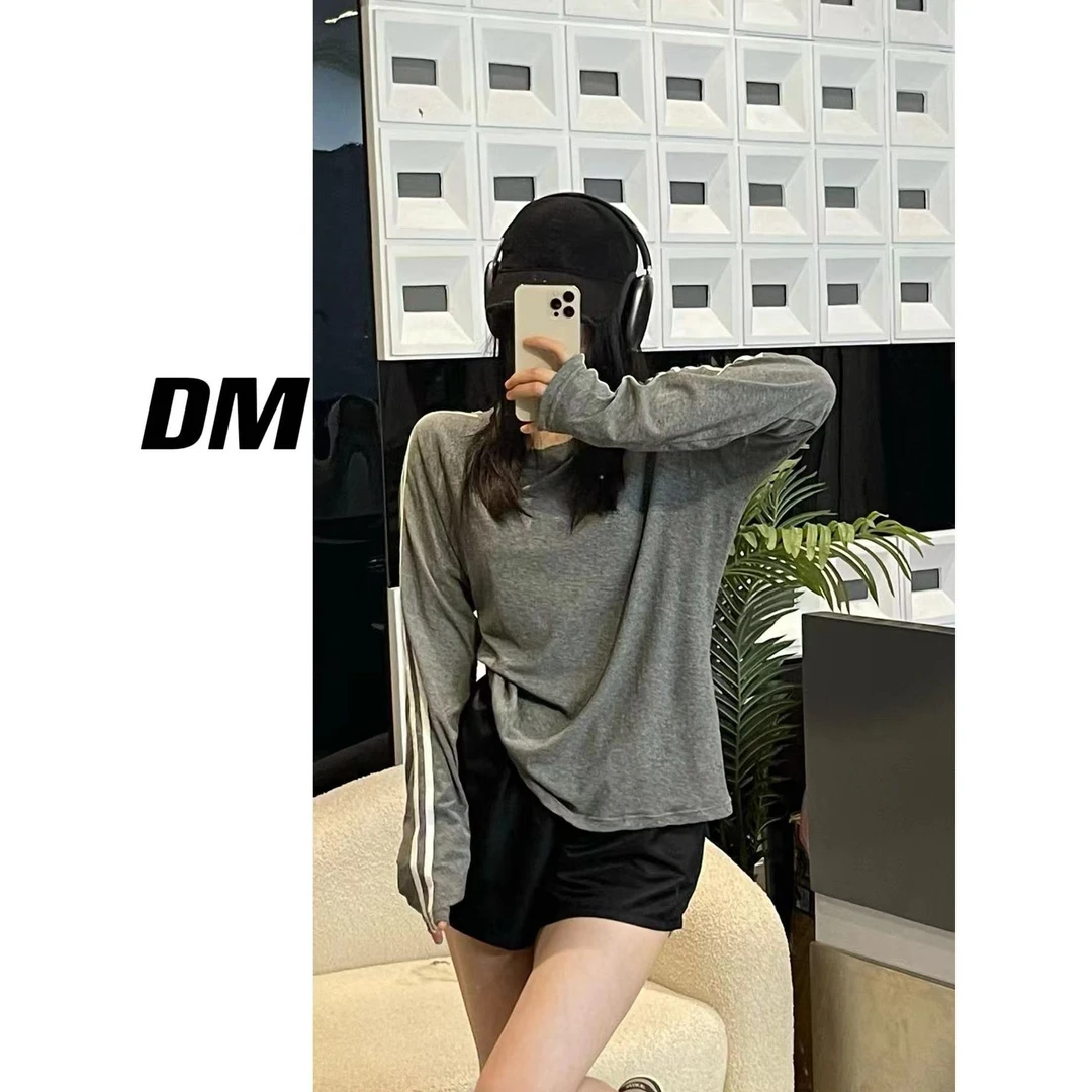 新款欧货长袖防晒罩衫T恤女设计感二条杠微透上衣T恤清1